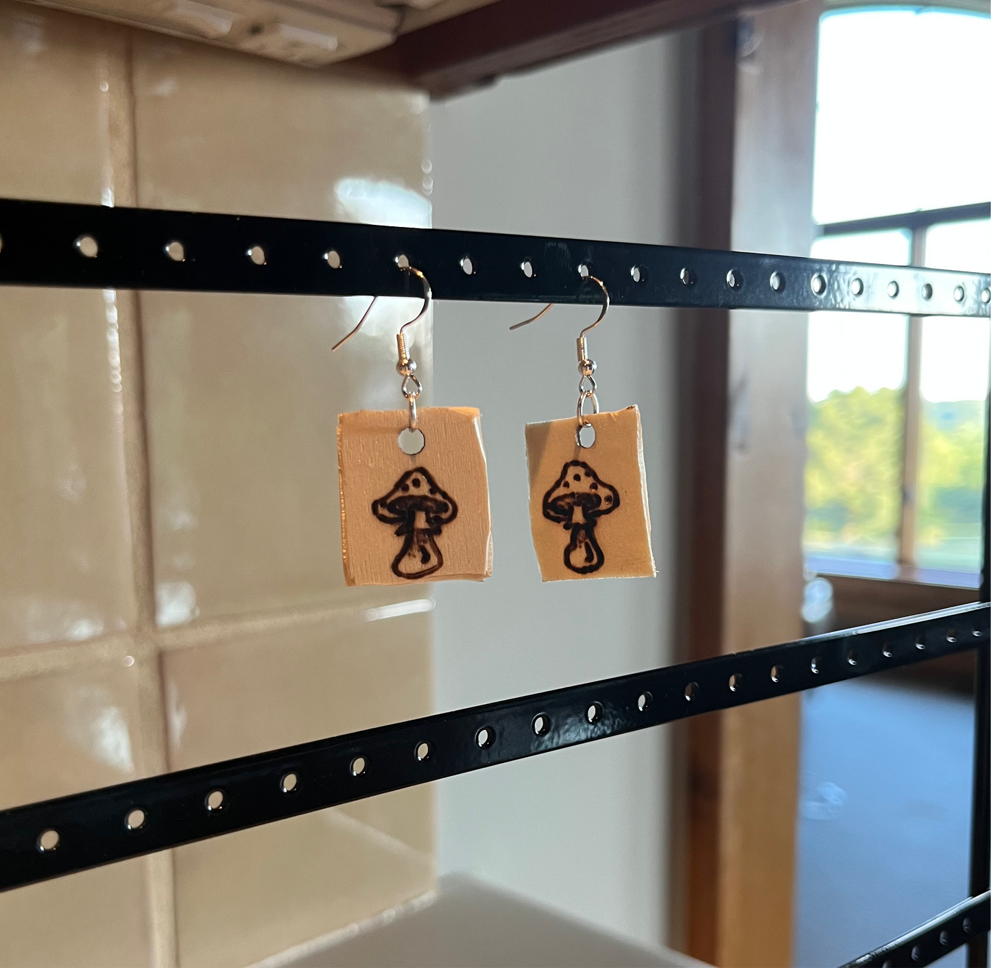 Small square wood burnt mushroom earrings