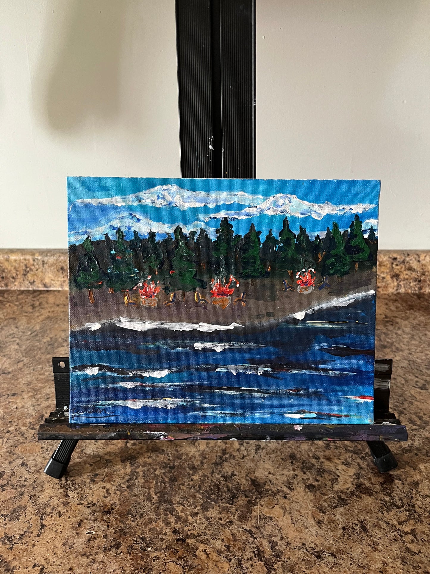 fires on a beach small painting