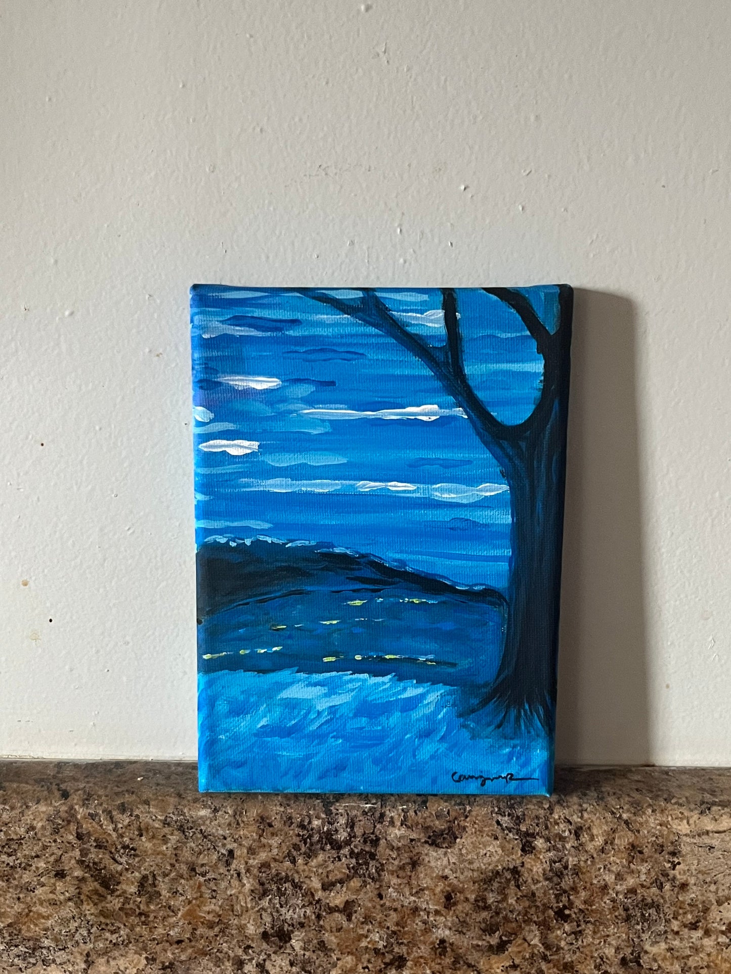 blue lake and tree small painting