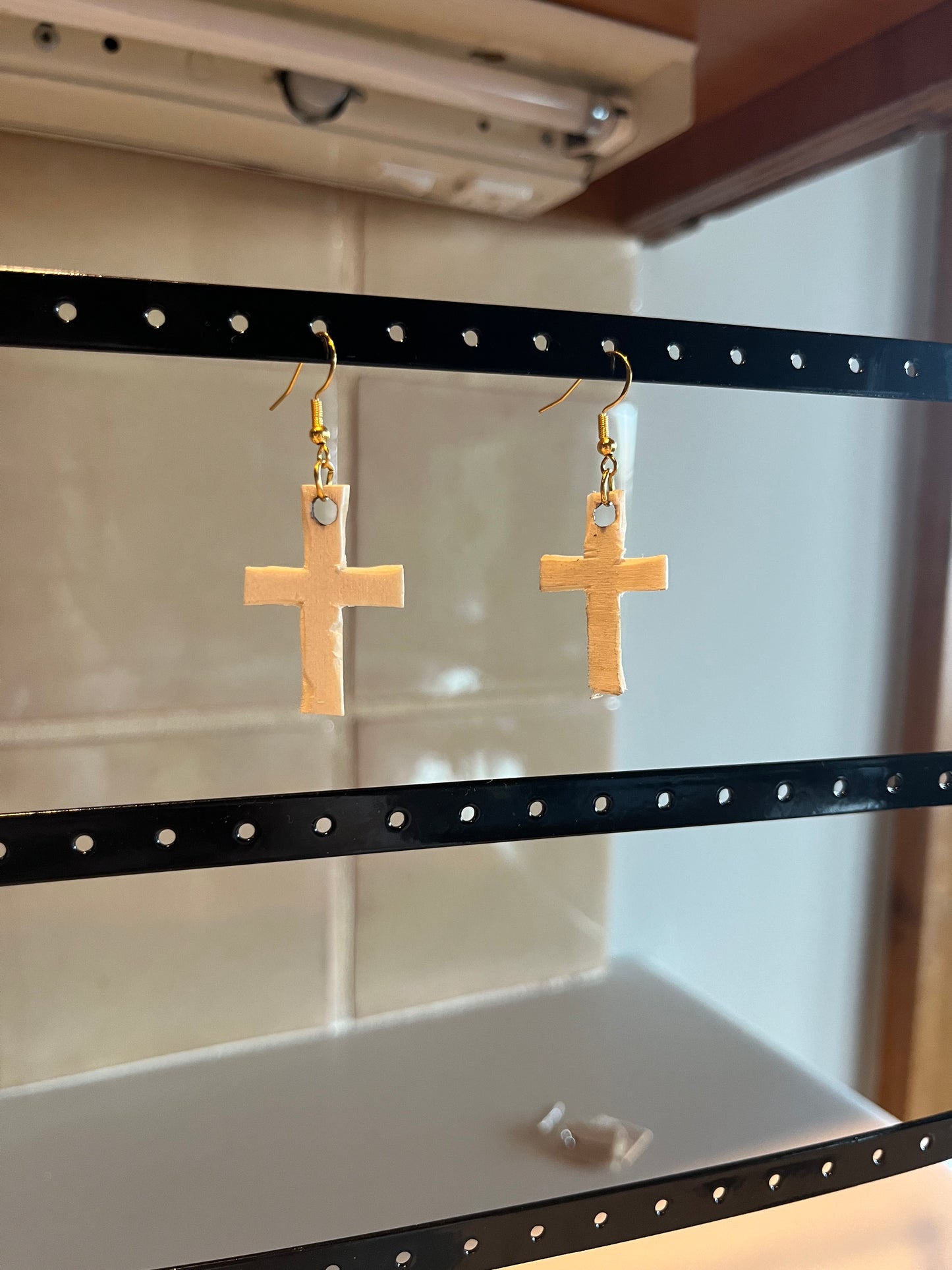 Large Carved Wood Cross Earrings
