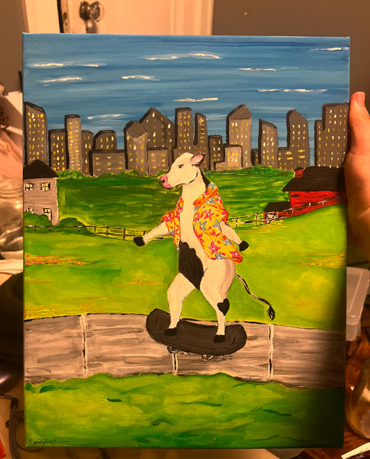 Cow on a Skateboard Small Painting